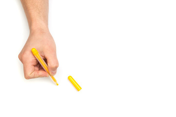 man's hands writing with marker on isolated white background with text place