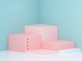 Fototapeta premium Scene with geometrical forms in pastel colors. Pink boxes podium with marble details. Minimal blue corner background. 3d render. 