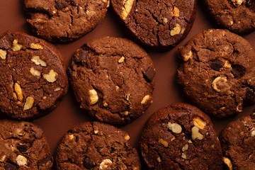 Closeup shot of chocolate cookies on brown background. Monochromatic concept.