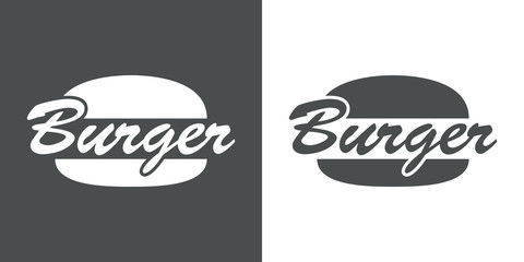 Logotipo abstracto con texto Burger con pan de hamburguesa en gris y blanco