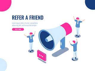 Refer a friend isometric icon, people team in promotion, advertising, teamwork and collective work concept, cartoon flat vector illustration