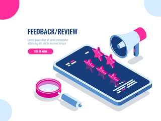 Feedback and review on mobile application, recommendation message, reputation on the Internet, mobile digital advertising isometric vector