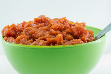 Gajar ka halwa is a carrot-based sweet dessert pudding from India