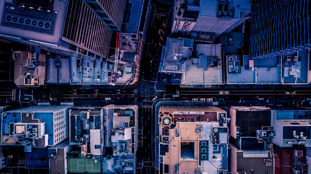 City streets at dusk as seen from above. Aerial photograph