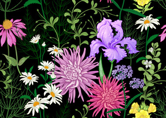 Nahtloser Hintergrund mit wilden Blumen. Vollfarbiges Muster. © marinavorona