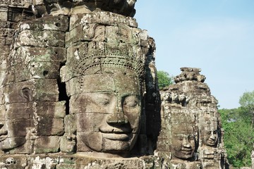 Siem Reap,Cambodia-Januay 11, 2019: Three Bodhisattva faces of Angkor Thom, Siem Reap
