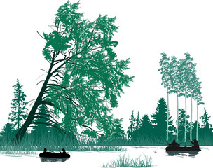 two boats with fishermen near green forest