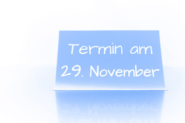 Termin am 29. November - blauer Zettel mit Notiz