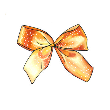 recommend clip art: Golden Ribbon knot handdrawn raster illustration. Realistic gold gift bow drawing. Bowknot clipart. Cartoon bow-tie. Isolated color hairpin. Doodle hair accessory. Banner, greeting card design element