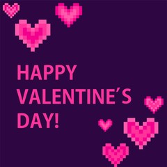 Greeting violet card for Valentine’s day with pink abstract hearts