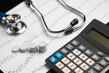 Stethoscope, pills and calculator are on a sheet with an electrocardiogram