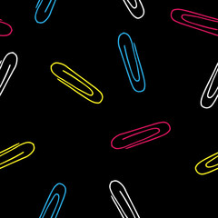 Paper clips of different colors seamless pattern. Vector background. Hand drawn color clips.