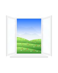 Open window with a beautiful view of the landscape. White window overlooking fields and flowers, blue sky and mountains. Colorful vector illustration. 