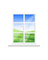 Closed window with white frame overlooking the summer landscape: green fields with flowers, mountains, birds and blue sky. Colorful vector illustration.