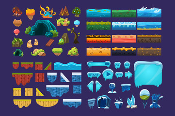 Collection of summer and winter fantasy landscape elements, user interface assets for mobile apps or video games vector Illustration © topvectors