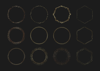 Set Golden circle confetti frames. Festive gold sparkle border, round and hexagons spotted frames. Template for wallpaper, banner, flyer, poster, card, invitations, logo