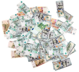Dollars and Russian Euro rubles on a white background