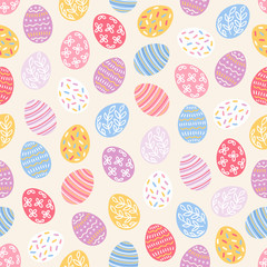 Easter seamless pattern with pink, yellow, blue and red eggs