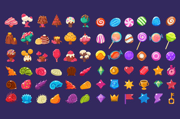 Colorful jelly glossy figures of different shapes, sweet candy land cute fantasy elements, sweets, candies user interface assets for mobile apps or video games vector Illustration