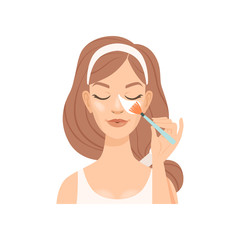 Attractive young woman cleaning her face with a cotton swab, girl caring for her face and skin, facial treatment procedure, vector Illustration