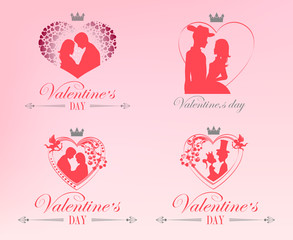 Emblem with a silhouette of the heart, a couple in love and text, design element.