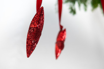 Christmas decoration with toys, Christmas tree branches.