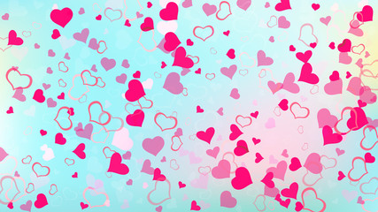 Red hearts of confetti are flying. Happy background. Red on Ggradient background Vector. Part of the design of wallpaper, textiles, packaging, printing, holiday invitation for Valentine's Day.