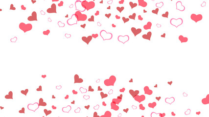 Red hearts of confetti are falling. Light background. Part of the design of wallpaper, textiles, packaging, printing, holiday invitation for Valentine's Day. Red on White background Vector.