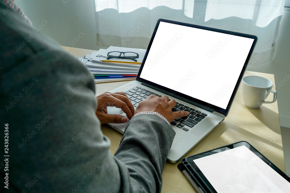 Poster mock up Using laptop with blank screen computer modern