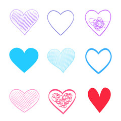 Multicolored trendy hearts on isolated white background. Hand drawn set of love signs. Unique abstract signs for design. Line art creation. Colored illustration. Elements for poster or flyer