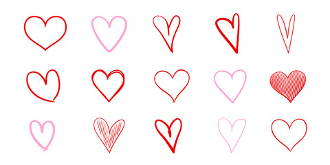 Multicolored trendy hearts on isolated white background. Hand drawn set of love signs. Unique abstract signs for design. Line art creation. Colored illustration. Elements for poster or flyer