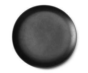 empty black round plate isolated on a white background. top view