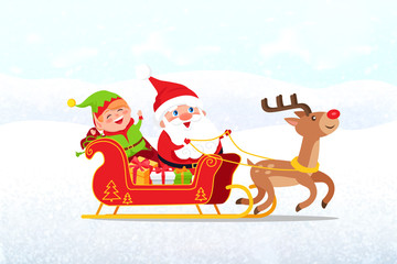 Santa, Elf riding on Sleigh, Drawn by Deer, Vector