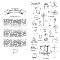 Happy St. Patrick's Day! Hand drawn doodle Ireland set Vector illustration Sketchy Irish traditional food icons elements Flag Map Celtic Cross Knot Castle Leprechaun Shamrock Harp Pot of gold
