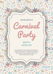 Colorful Carnival Party invitation with text and confetti. Vector