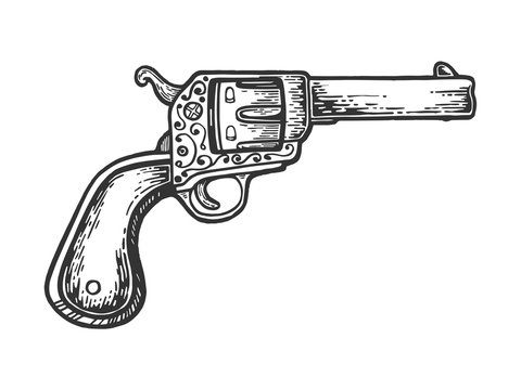 Vintage cowboy revolver hand gun engraving vector illustration. Scratch board style imitation. Black and white hand drawn image.