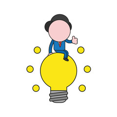 Vector businessman character sitting on glowing light bulb and showing thumbs up. Color and black outlines.