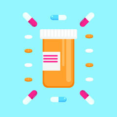 Pill bottle for capsules arounded pills flat style design vector illustration. Medical container jar for tablet and medicine isolated on light blue background