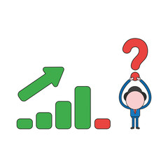 Vector businessman character holding up question mark with sales bar graph moving up and down. Color and black outlines.