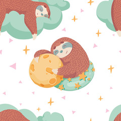 seamless pattern with cute cartoon sloth sleeping on cloud with stars and moon around. healthy sleep of slumber party concept