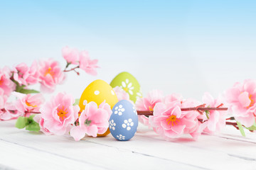 Colored eggs with pink flowers on white wooden background