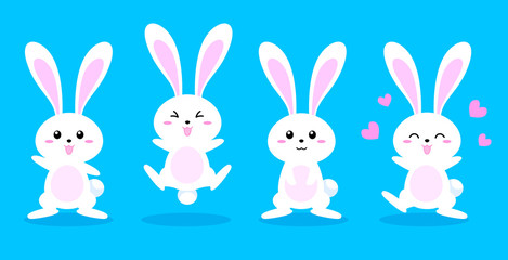 White rabbit jumping and dancing. Cute bunny. Happy Easter day, cartoon character design. Illustration isolated on blue background.