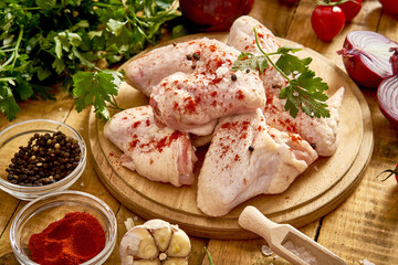 Fresh organic chicken wings on a chopping board with spices and vegetables on wooden table.