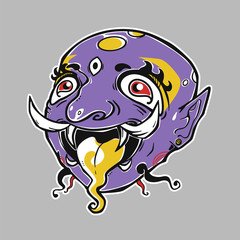 Chinese style demon. Fantasy character. The face of god with fire and stuck out tongue. Tribal illustration. Can be used as print or tattoo.