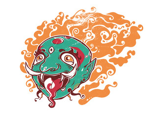 Chinese style demon. Fantasy character. The face of god with fire and stuck out tongue. Tribal illustration. Can be used as print or tattoo.