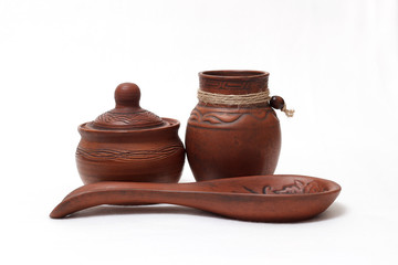 clay dishes, clay pot, Greek clay vase, clay spoon on white background