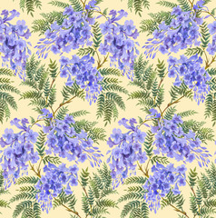 Seamless background pattern. Jacaranda tree with flowers and leaves. Version3