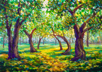 Forest sunny landscape - way road in summer spring forest - oil painting on canvas modern impressionism © weris7554