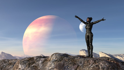 Illustration of a woman wearing a spacesuit standing on a mountaintop waving her arms wide with an alien planet and moon in the sky behind her. - obrazy, fototapety, plakaty