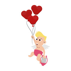 Cupid with hearts balloons and harp